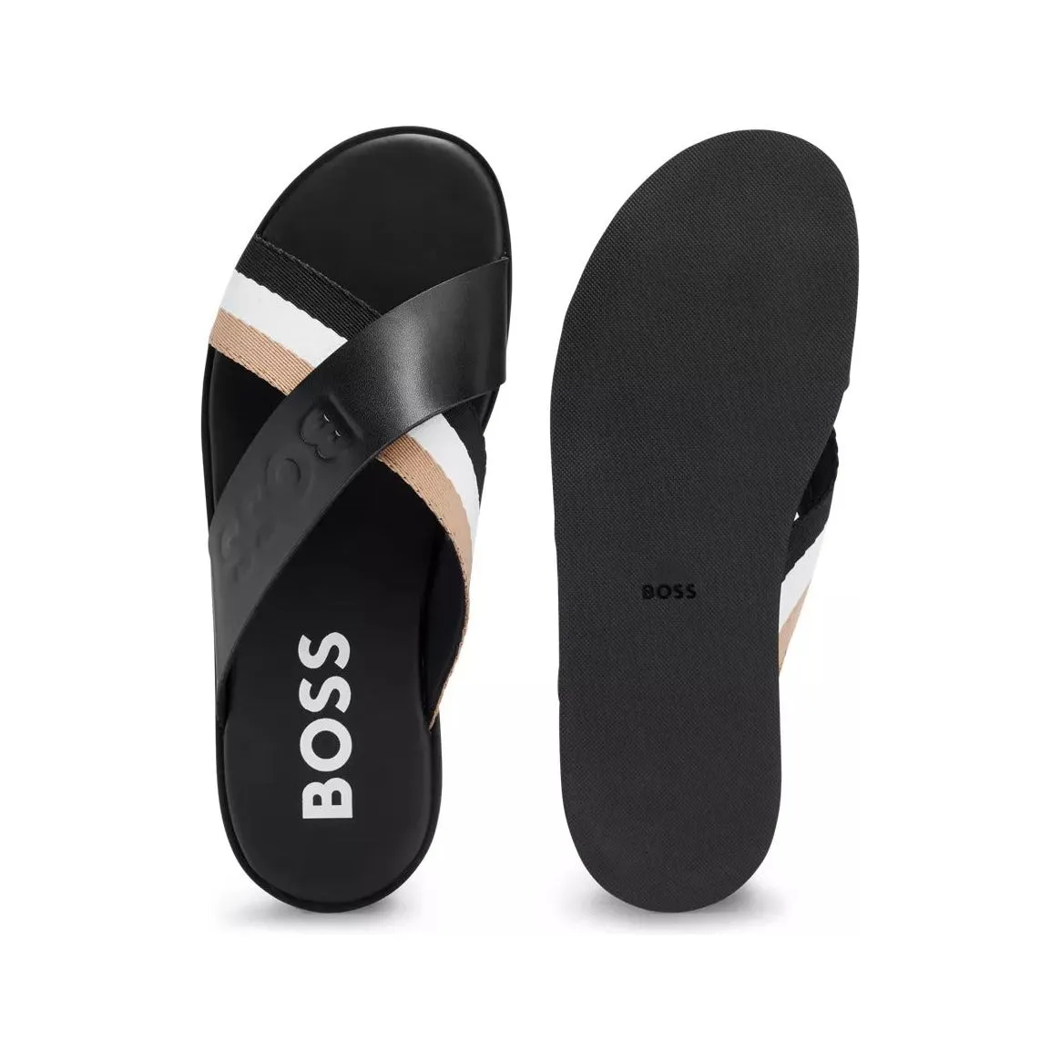 BOSS LEATHER SLIDES WITH SIGNATURE STRIPE AND LOGO