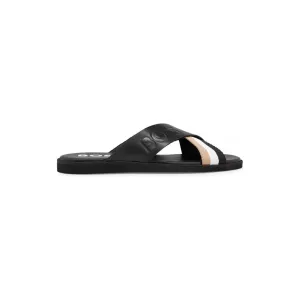 BOSS LEATHER SLIDES WITH SIGNATURE STRIPE AND LOGO