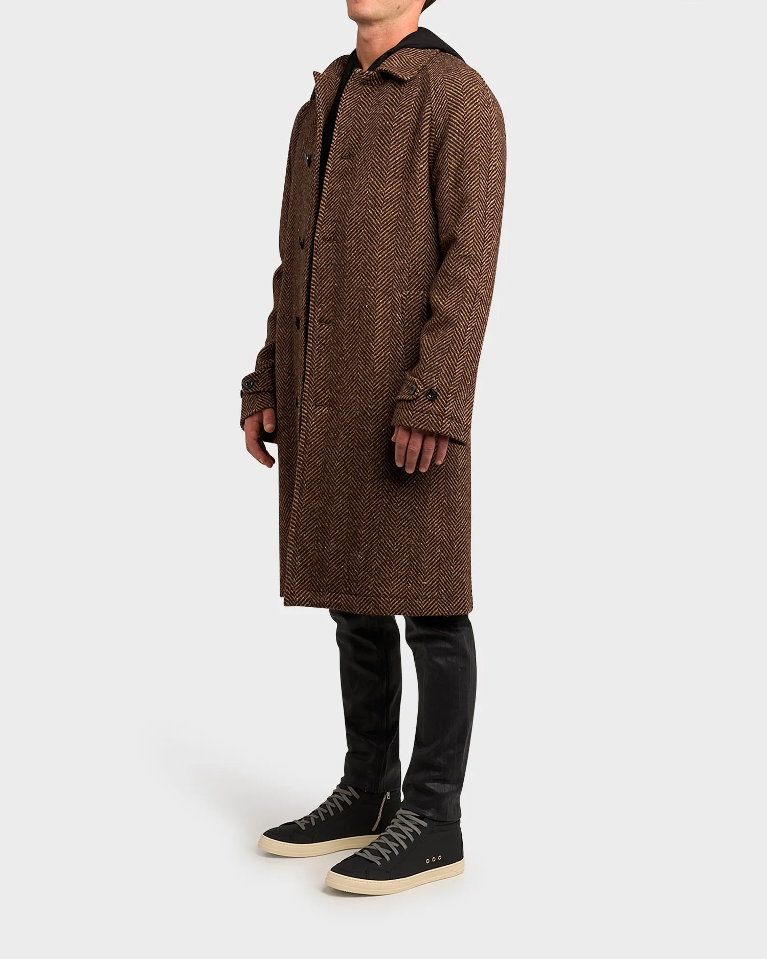 Brown Virgin Wool Herringbone Twill Overcoat