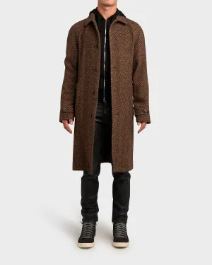 Brown Virgin Wool Herringbone Twill Overcoat
