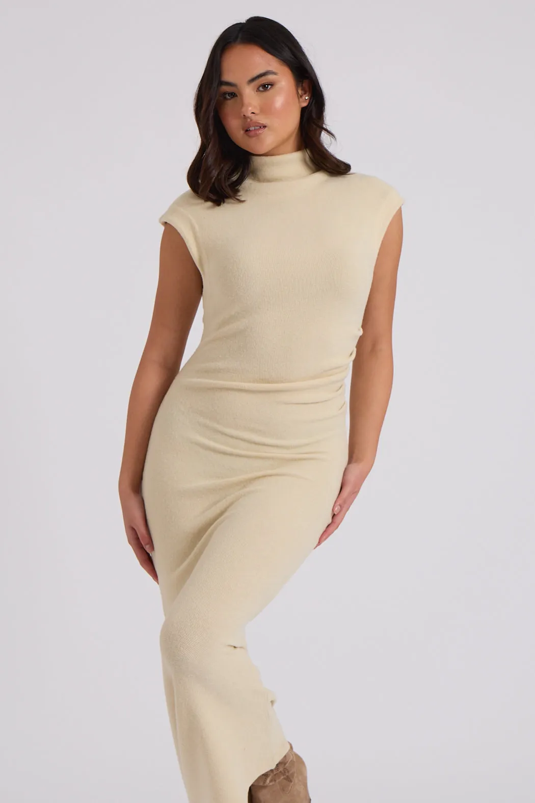 Brushed Cream Jersey Maxi Ruched Dress