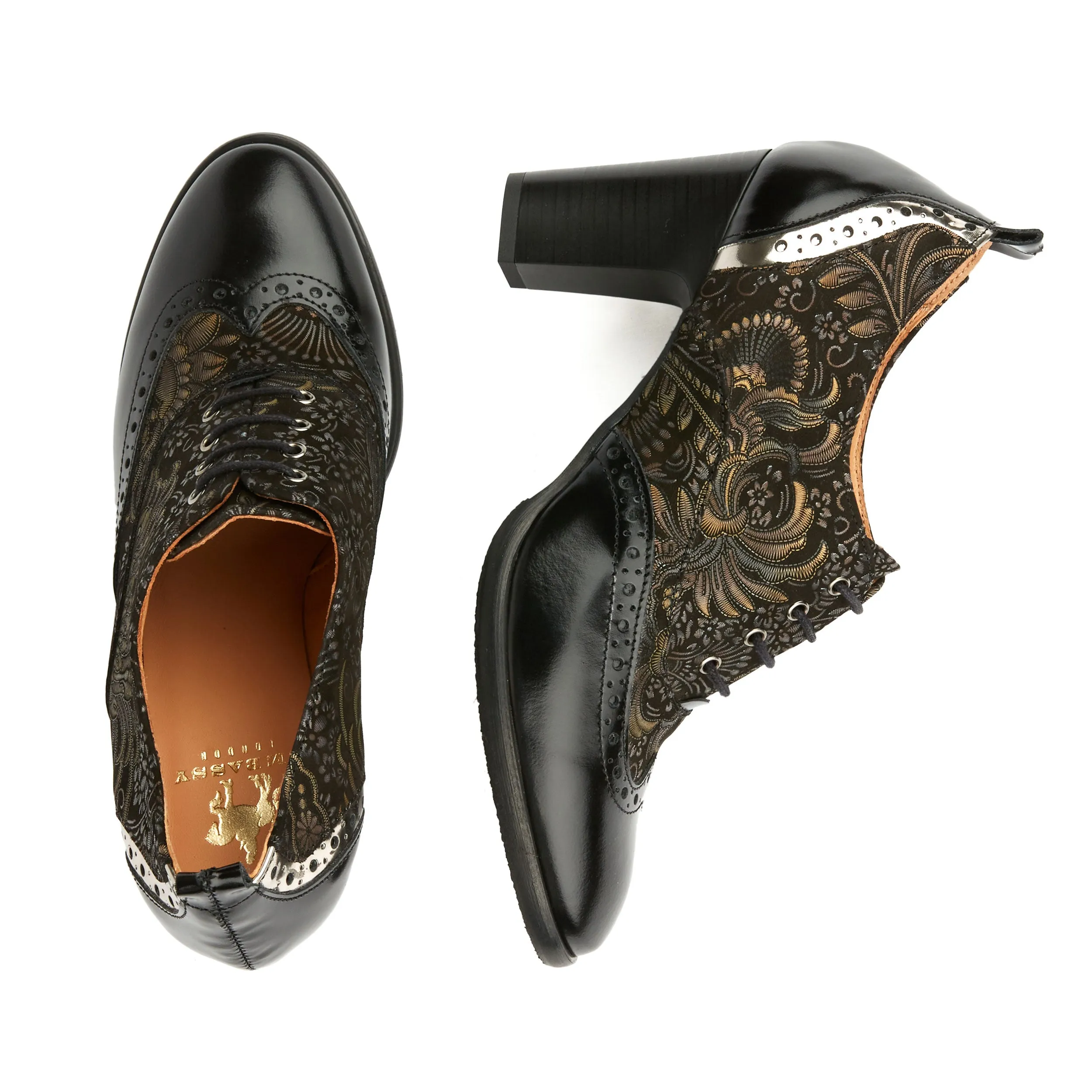 Casino - Black & Gold - Women's oxford pump in 3 inch heel with brogue details