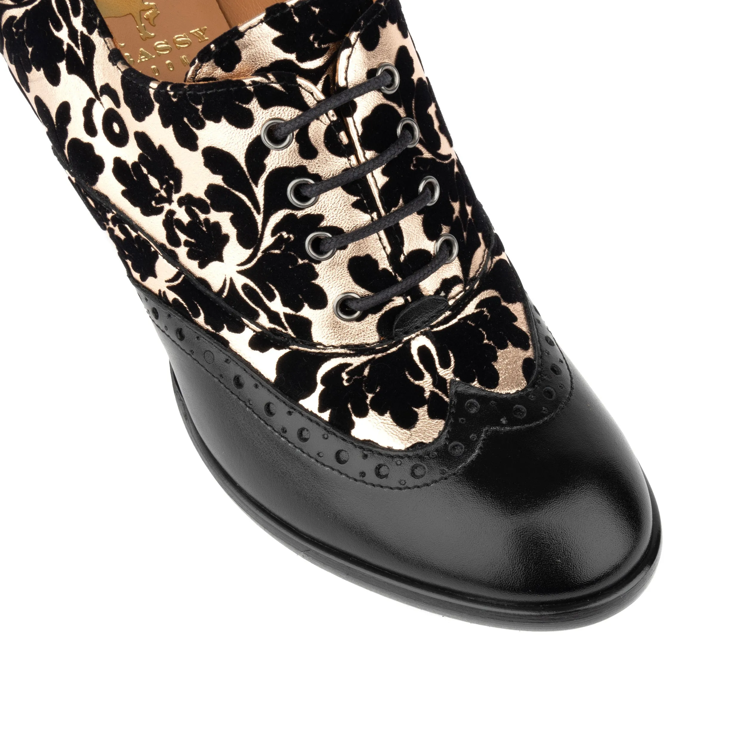 Casino - Black Rose Gold - Women's leather 3 inch heel oxford pump with broguing
