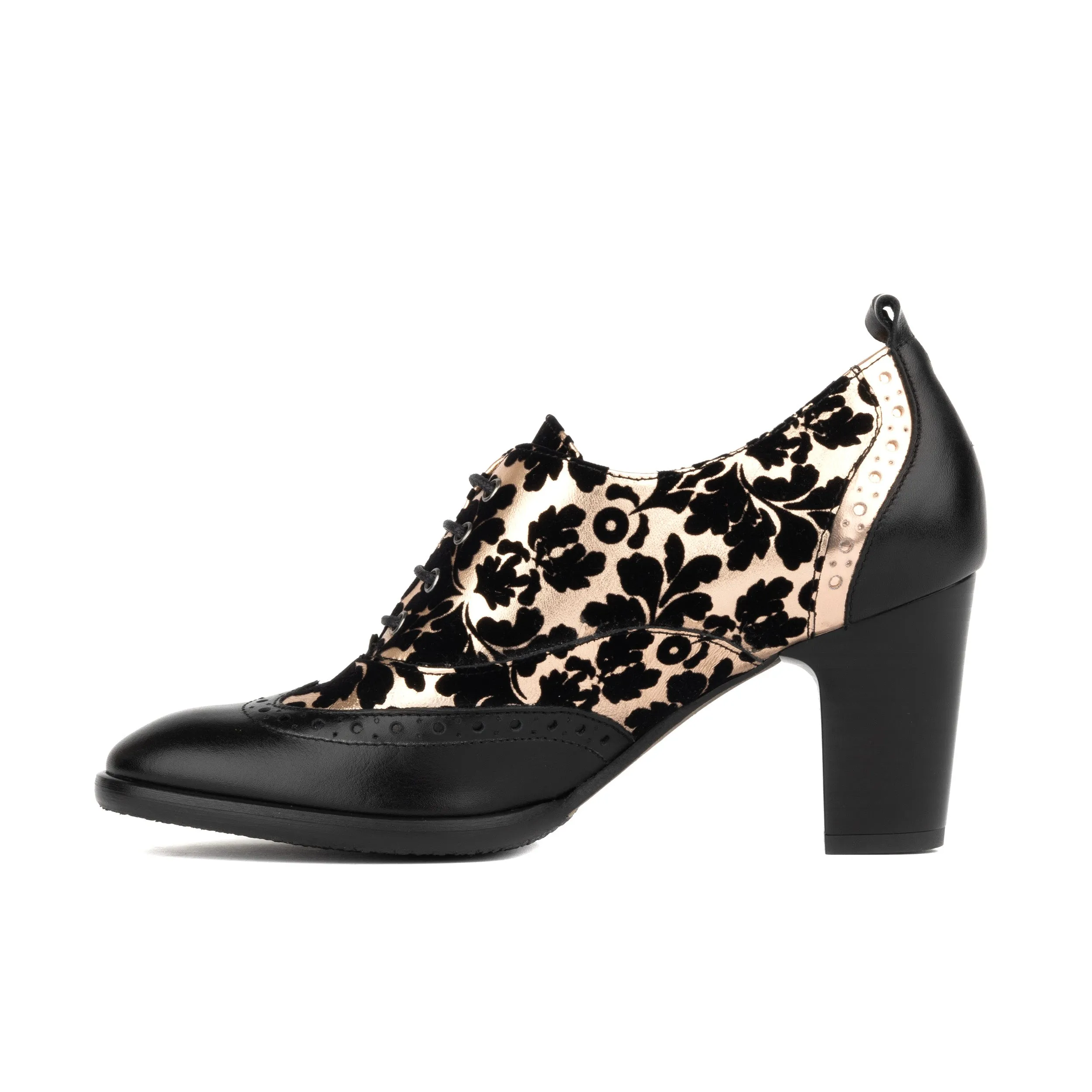 Casino - Black Rose Gold - Women's leather 3 inch heel oxford pump with broguing