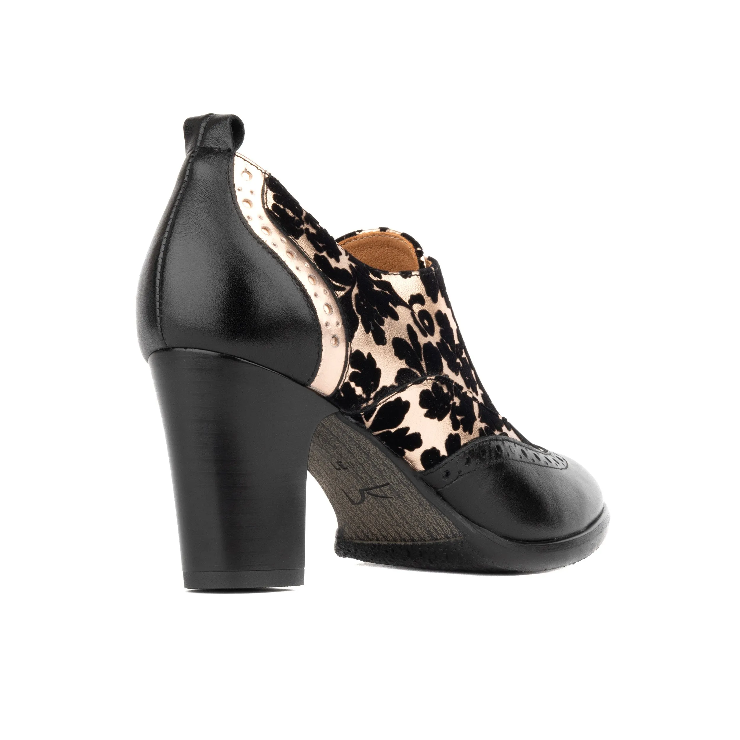 Casino - Black Rose Gold - Women's leather 3 inch heel oxford pump with broguing