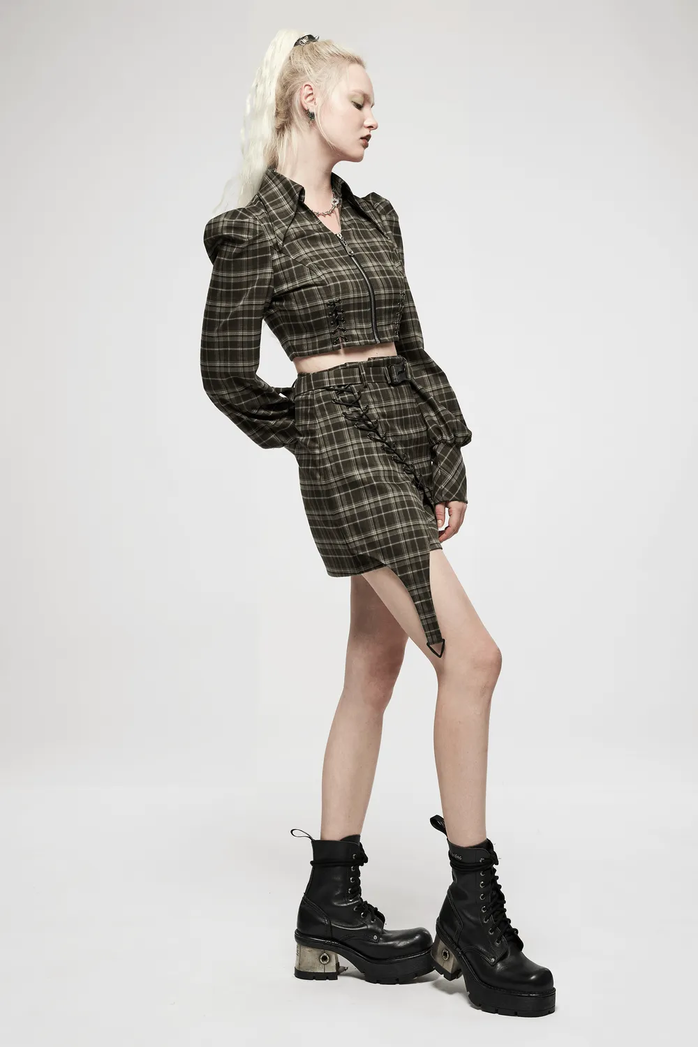 Chic Asymmetric Plaid Mini Skirt with Punk Detail