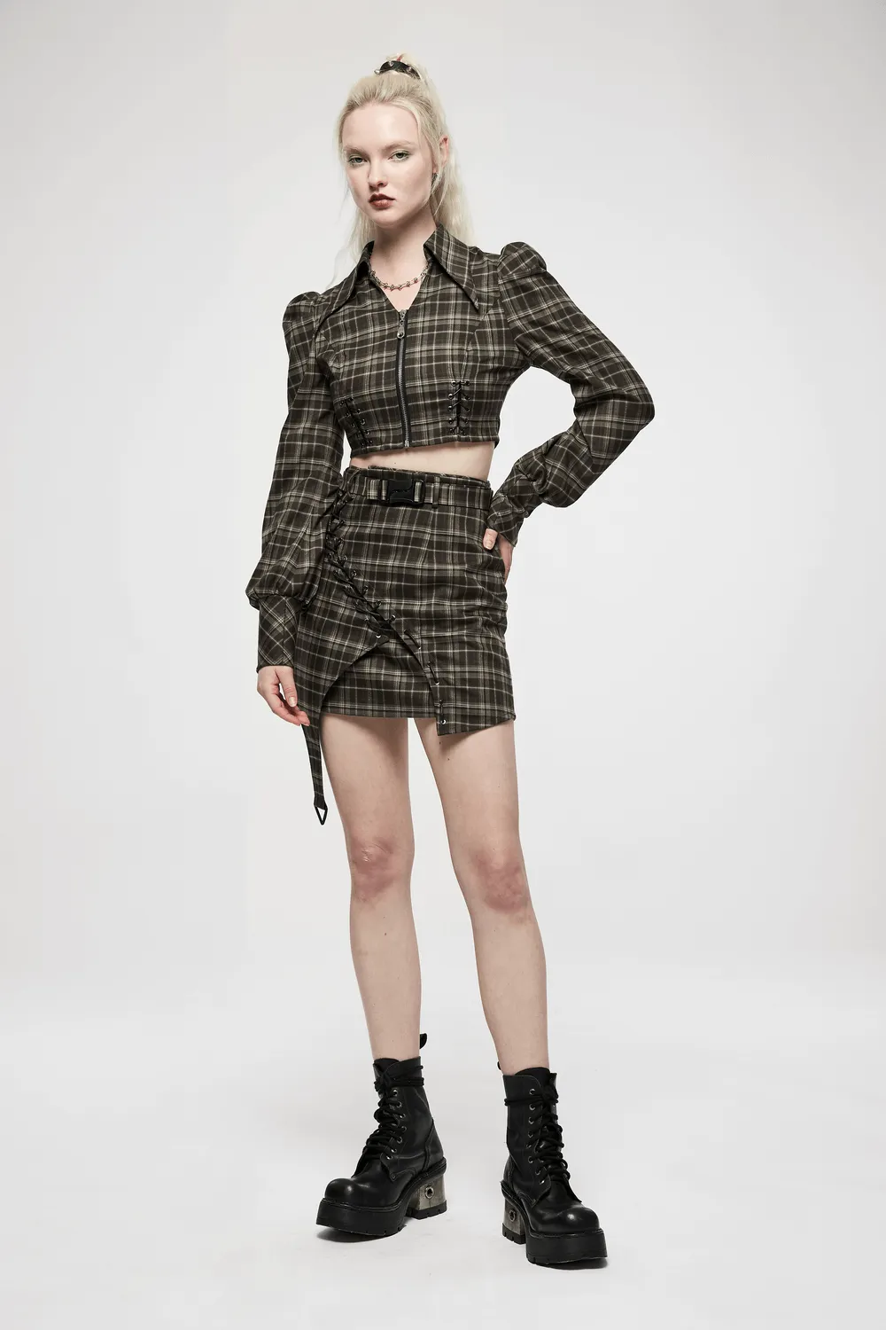 Chic Asymmetric Plaid Mini Skirt with Punk Detail
