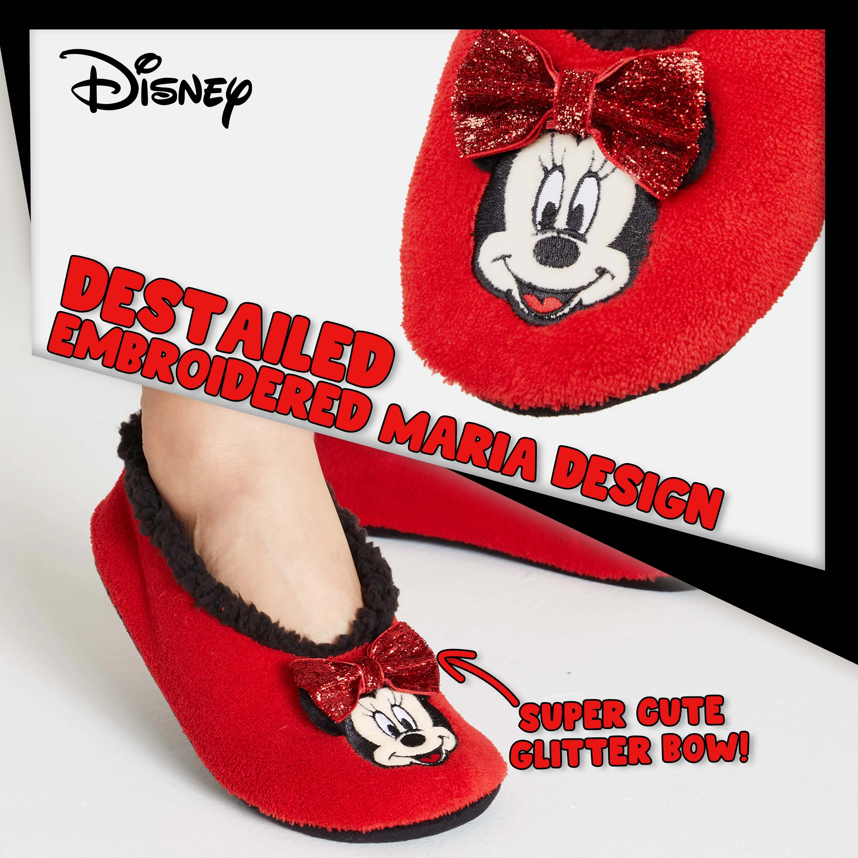 Disney Minnie Mouse Fluffy Slippers Socks for Women, Red Ballet Slippers Non Slip, Minnie Mouse Gifts