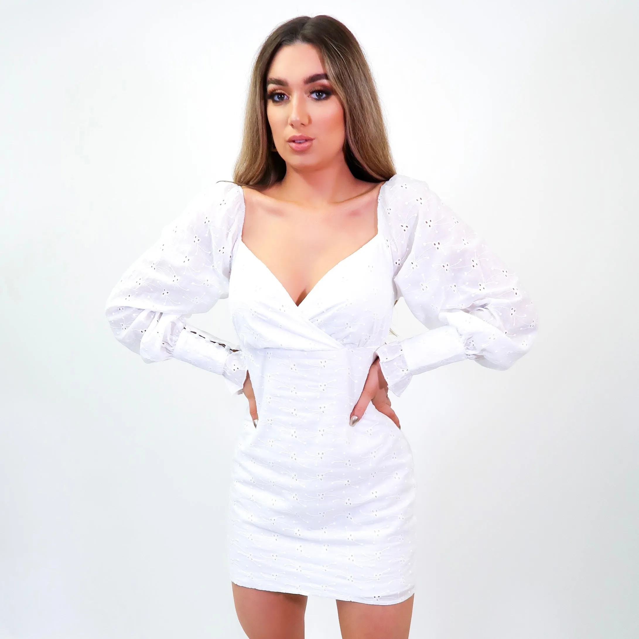 Georgie White Broderie Anglaise Crossover Front Frill Sleeve Dress
