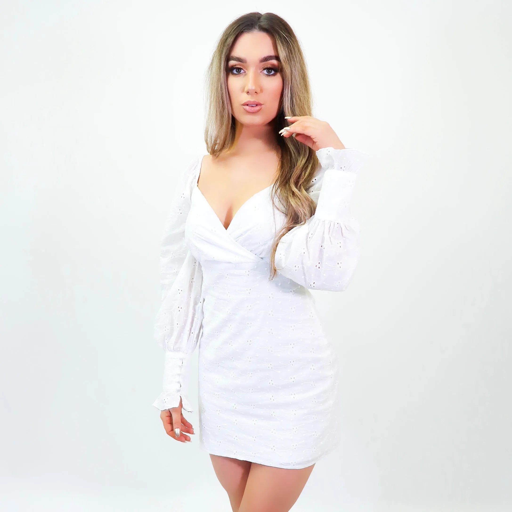 Georgie White Broderie Anglaise Crossover Front Frill Sleeve Dress