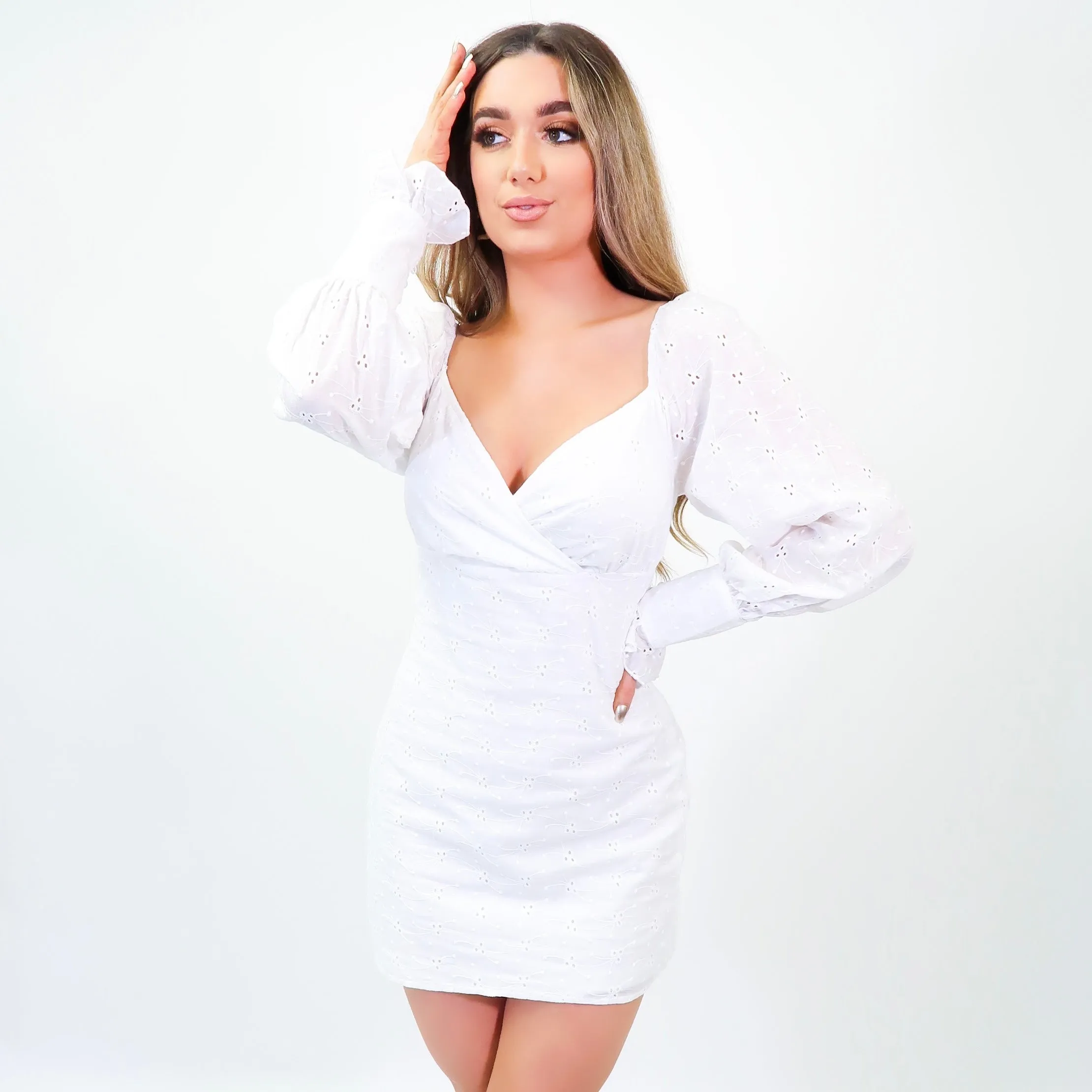 Georgie White Broderie Anglaise Crossover Front Frill Sleeve Dress