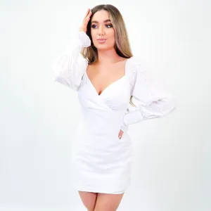 Georgie White Broderie Anglaise Crossover Front Frill Sleeve Dress