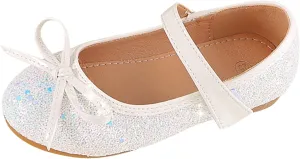 Girls Sparkly Mary Jane Shoes Bowknot Flat Kids Glitter Dress Up Princess Shoes Closed Toe Wedding Party Soft