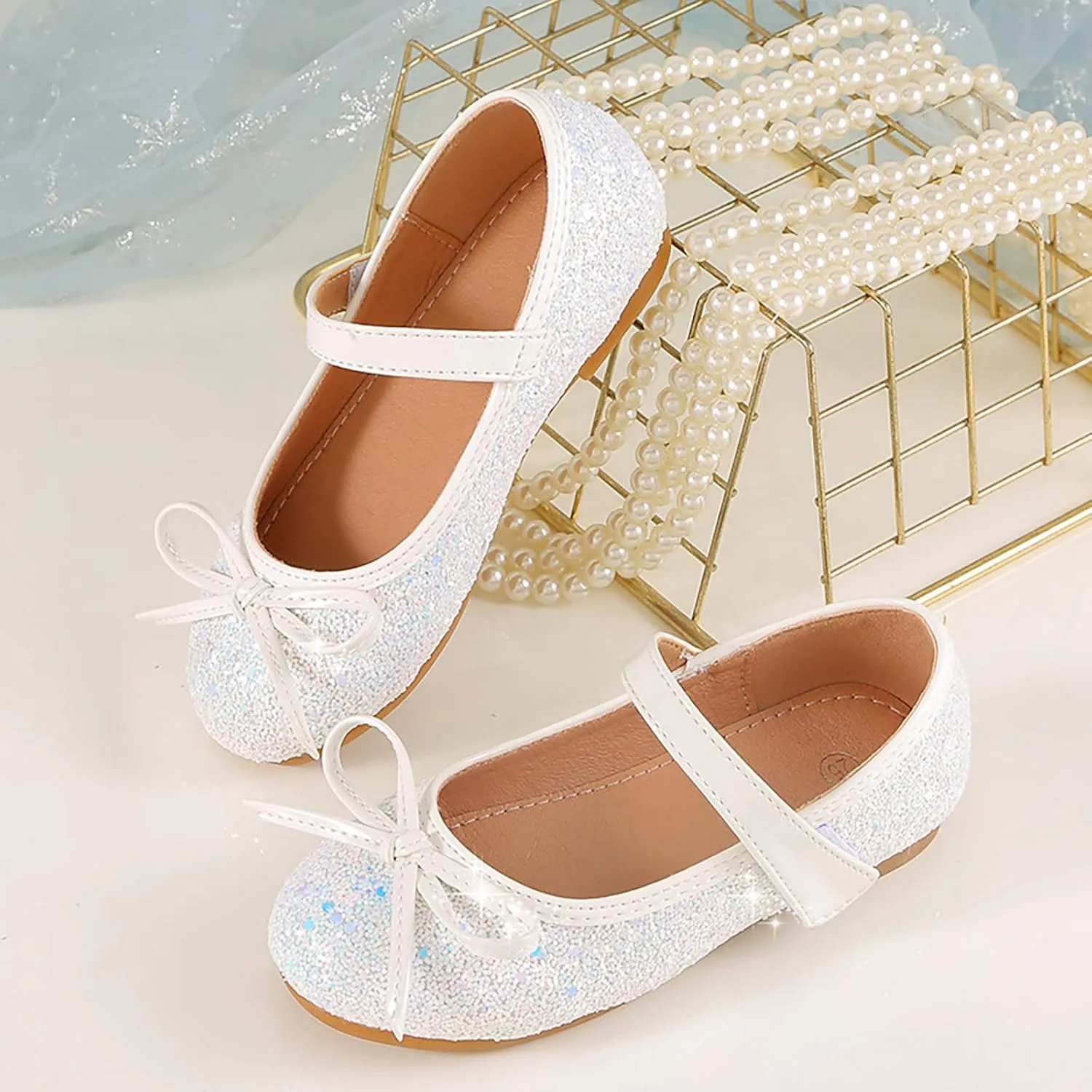Girls Sparkly Mary Jane Shoes Bowknot Flat Kids Glitter Dress Up Princess Shoes Closed Toe Wedding Party Soft