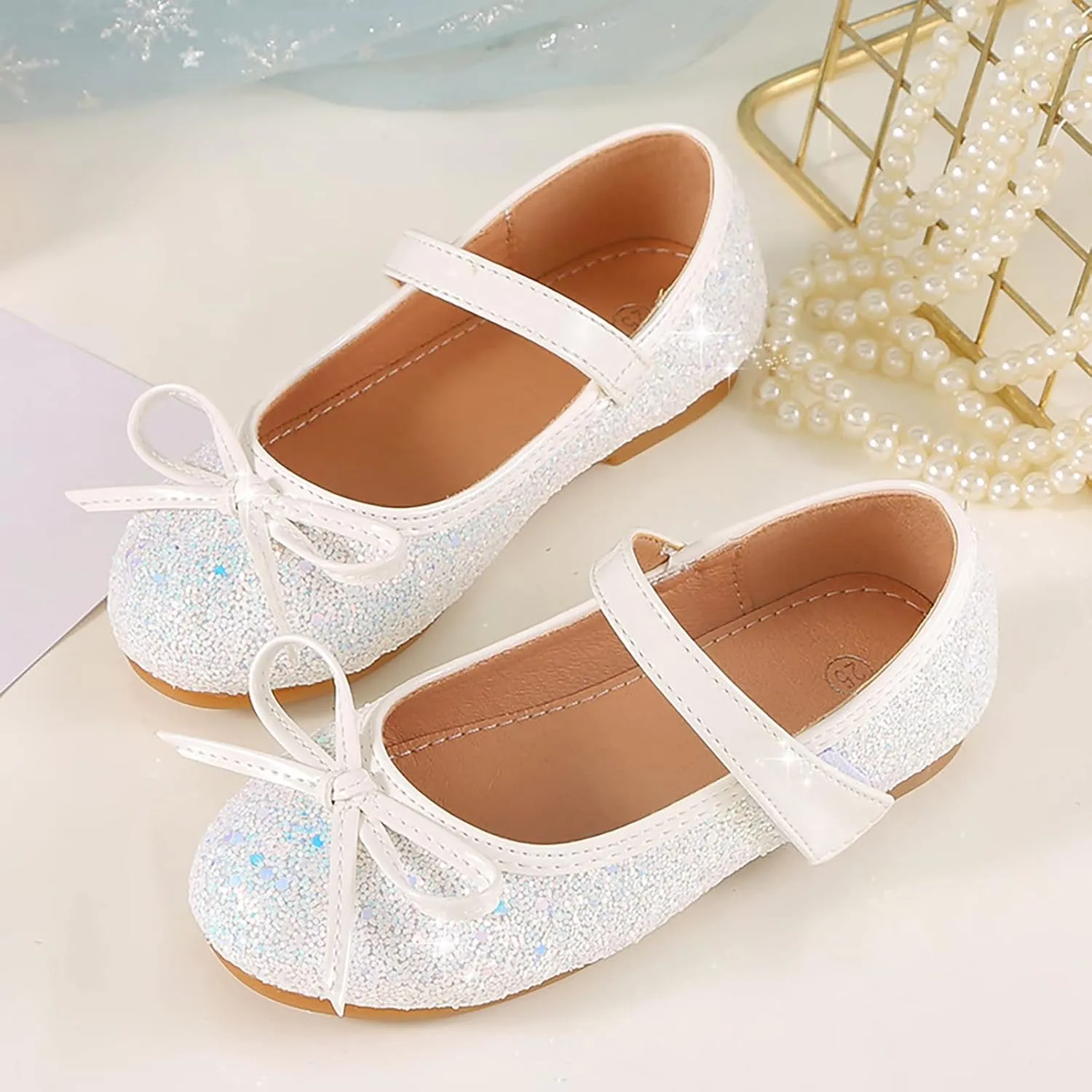 Girls Sparkly Mary Jane Shoes Bowknot Flat Kids Glitter Dress Up Princess Shoes Closed Toe Wedding Party Soft