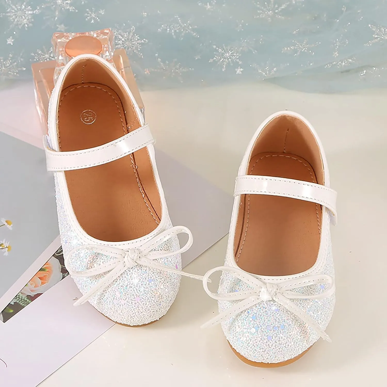 Girls Sparkly Mary Jane Shoes Bowknot Flat Kids Glitter Dress Up Princess Shoes Closed Toe Wedding Party Soft
