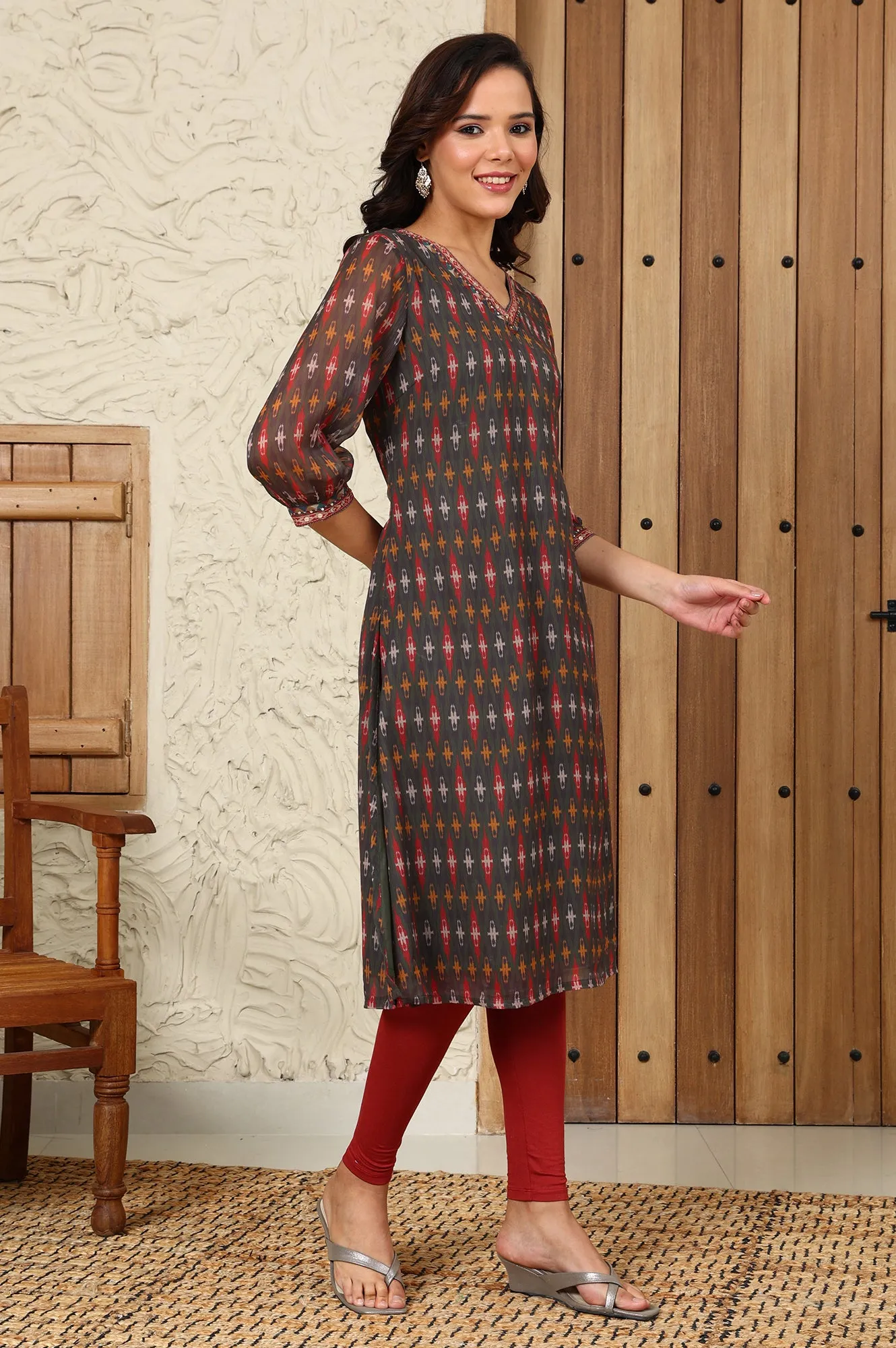 Green Geometric Printed Chiffon Straight Kurta With Sequined Neckline