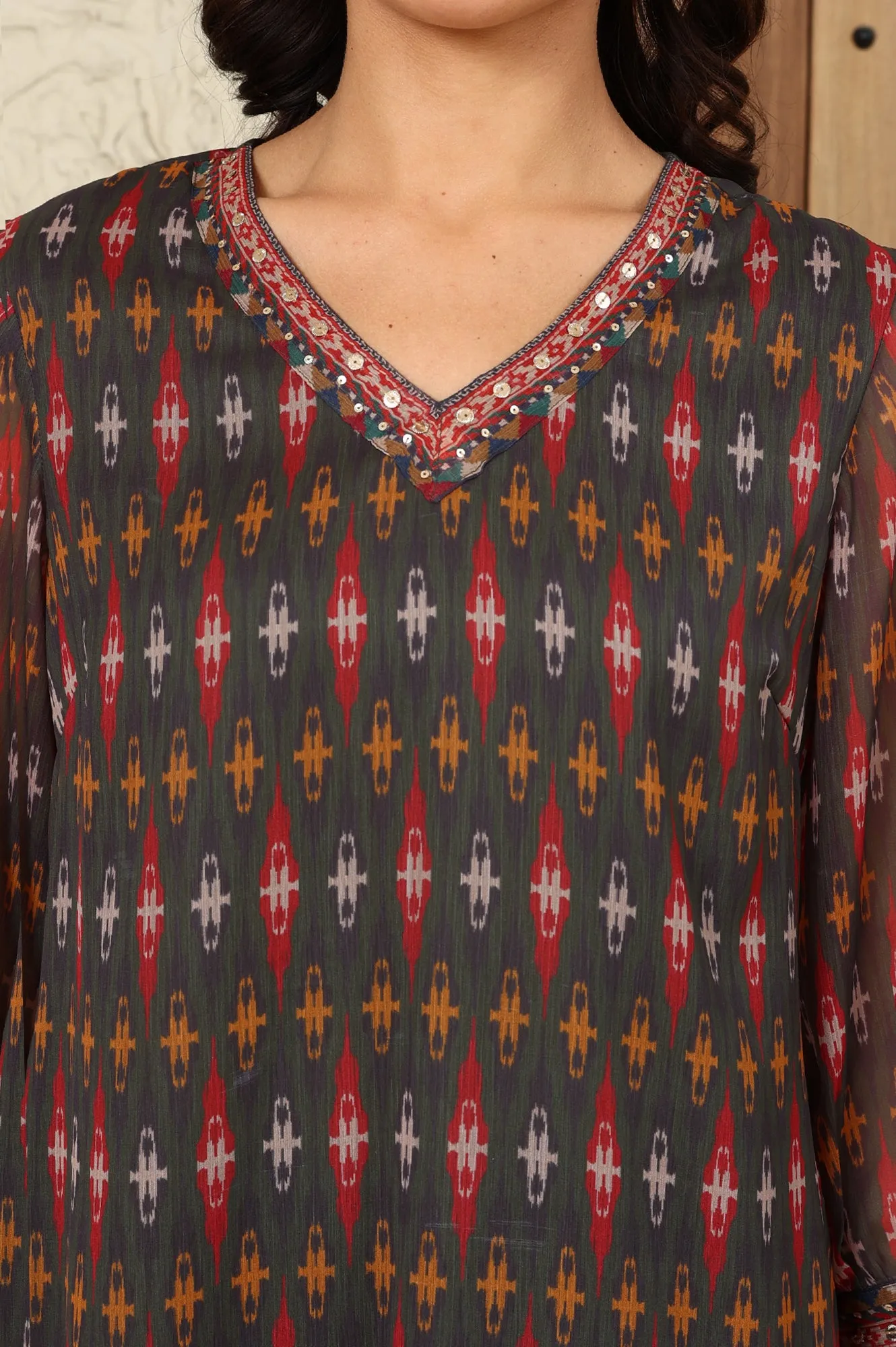 Green Geometric Printed Chiffon Straight Kurta With Sequined Neckline
