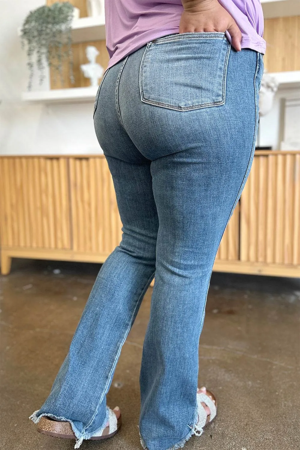 Judy Blue Full Size Distressed Casual Denim Raw Hem Bootcut Jeans Style #: 82542