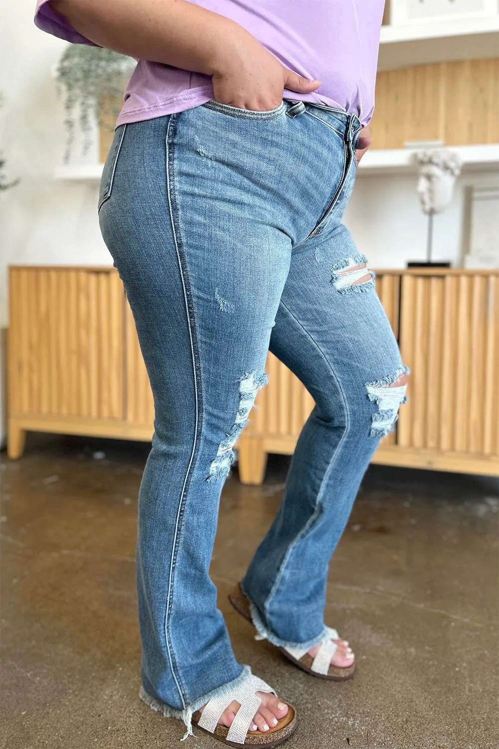 Judy Blue Full Size Distressed Casual Denim Raw Hem Bootcut Jeans Style #: 82542