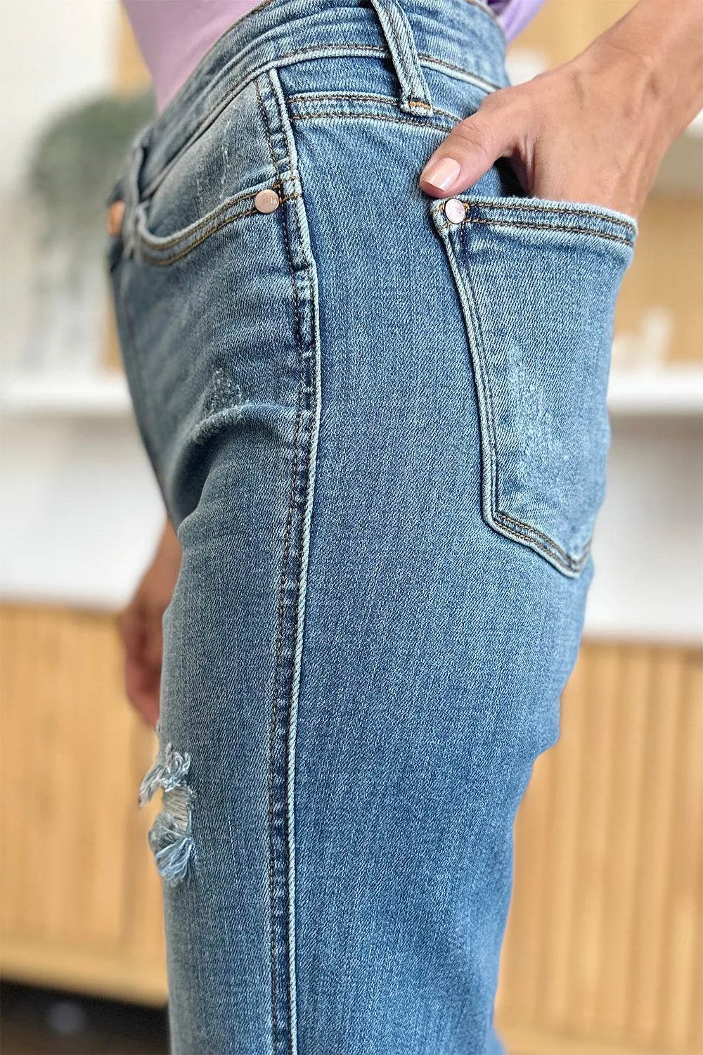Judy Blue Full Size Distressed Casual Denim Raw Hem Bootcut Jeans Style #: 82542