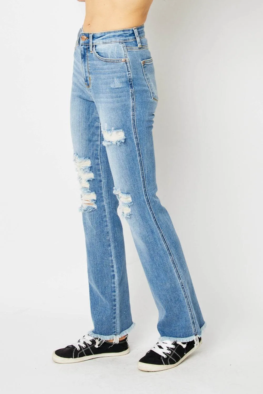 Judy Blue Full Size Distressed Casual Denim Raw Hem Bootcut Jeans Style #: 82542