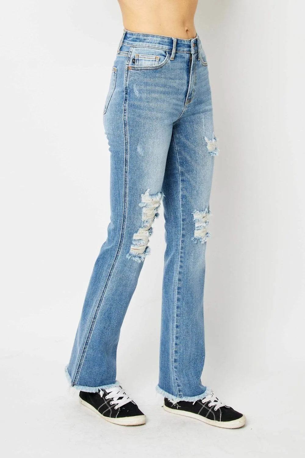 Judy Blue Full Size Distressed Casual Denim Raw Hem Bootcut Jeans Style #: 82542