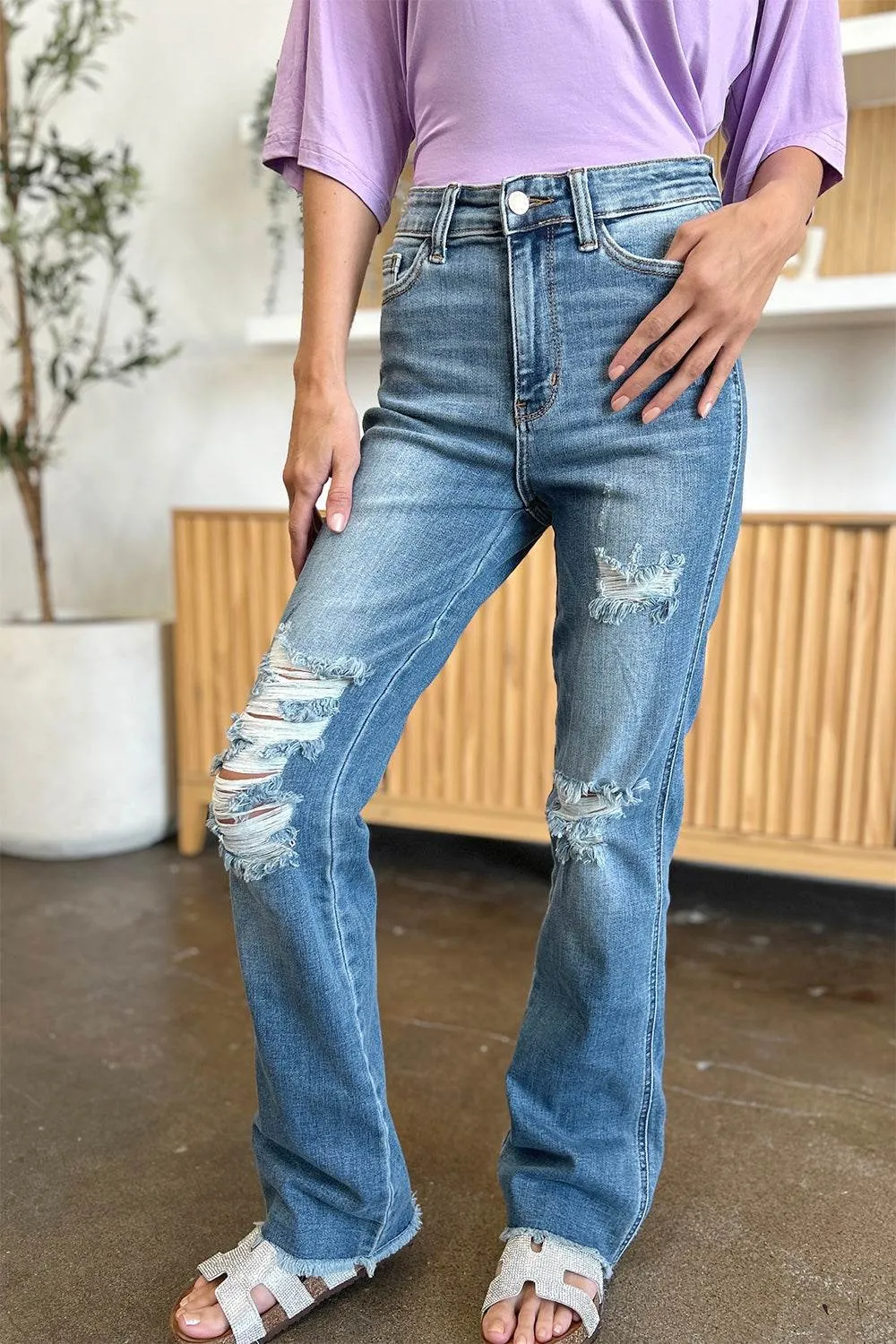 Judy Blue Full Size Distressed Casual Denim Raw Hem Bootcut Jeans Style #: 82542
