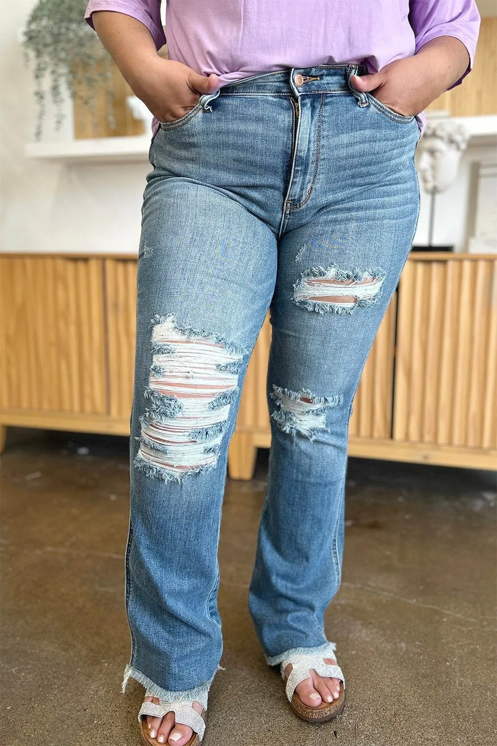 Judy Blue Full Size Distressed Casual Denim Raw Hem Bootcut Jeans Style #: 82542