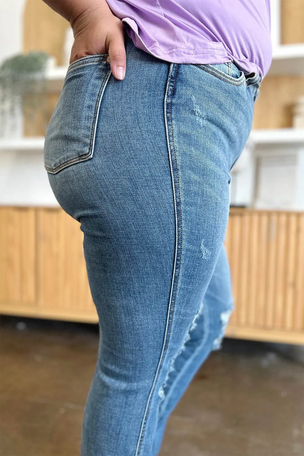 Judy Blue Full Size Distressed Casual Denim Raw Hem Bootcut Jeans Style #: 82542