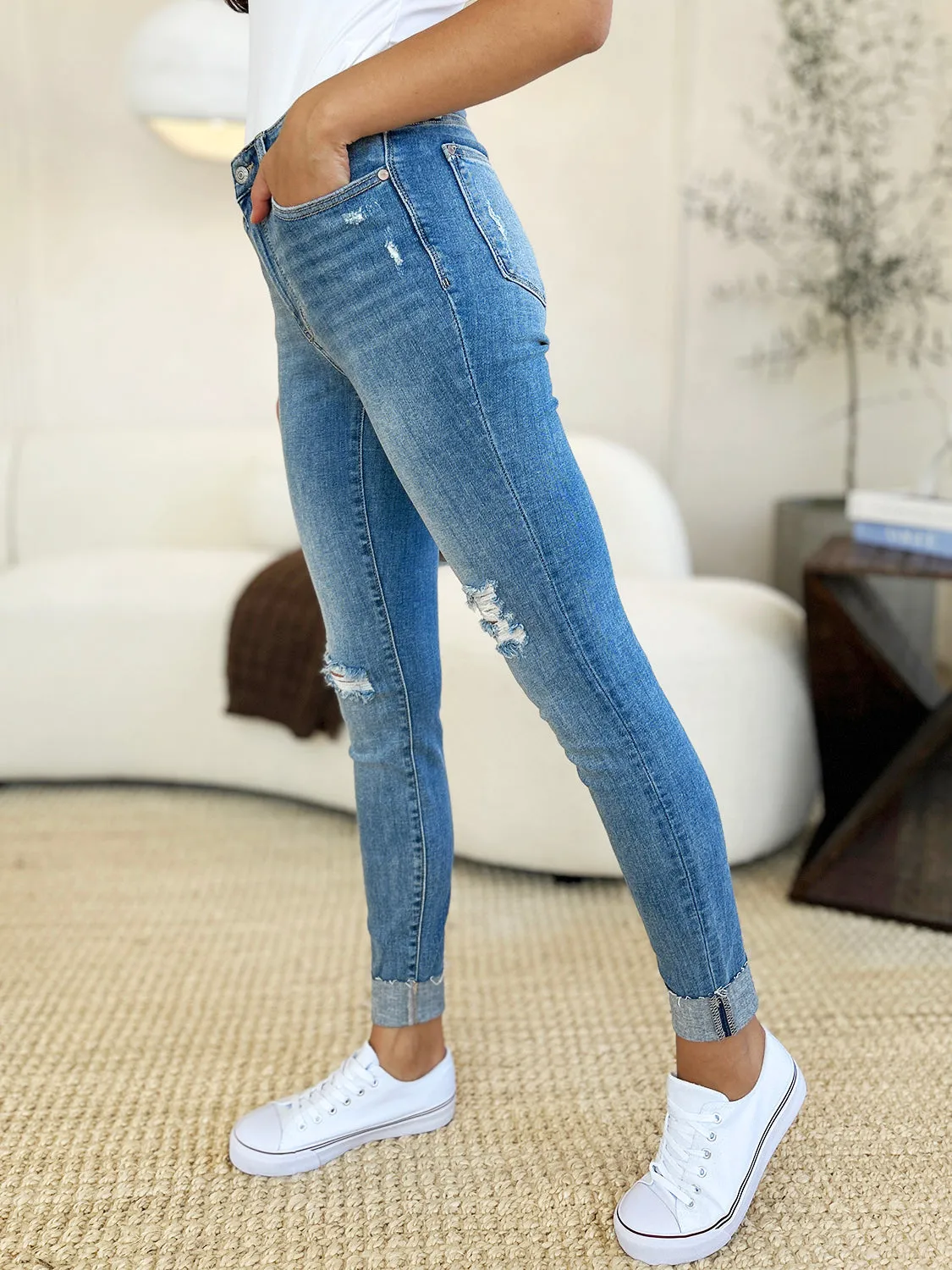 Judy Blue Mid Rise Distressed Cuffed Skinny Jeans