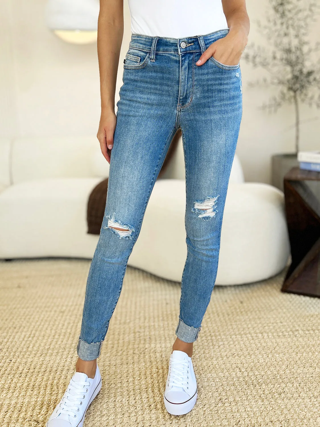 Judy Blue Mid Rise Distressed Cuffed Skinny Jeans
