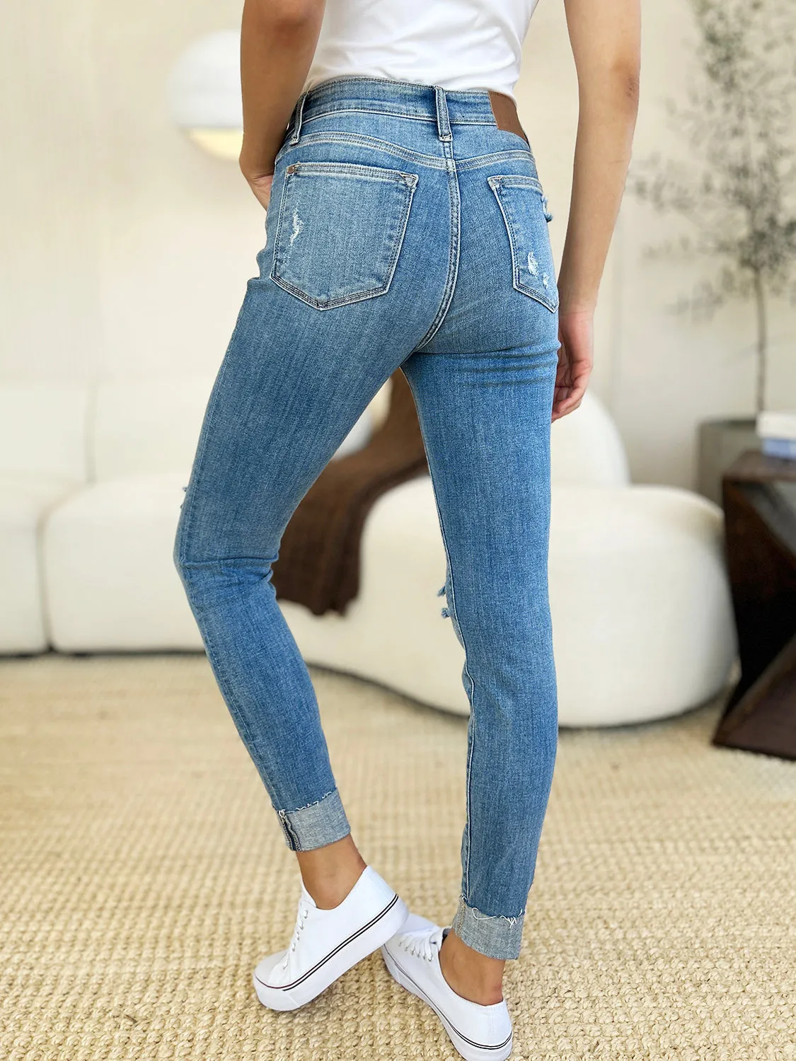 Judy Blue Mid Rise Distressed Cuffed Skinny Jeans