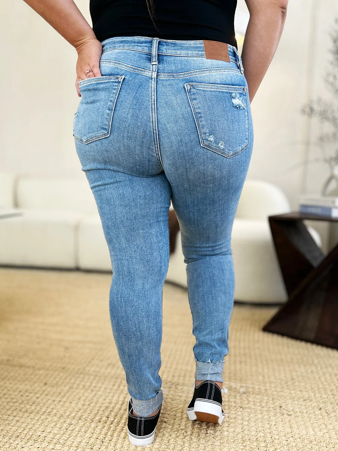 Judy Blue Mid Rise Distressed Cuffed Skinny Jeans