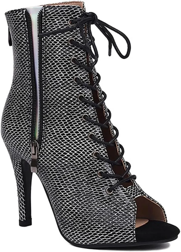JXUZY Women's Cross Strap Lace-up Peep Toe Jazz Ballroom Pole Dance Ankle Boots