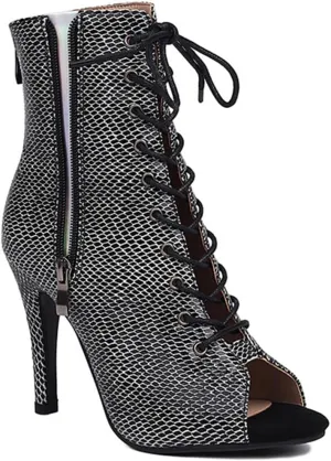 JXUZY Women's Cross Strap Lace-up Peep Toe Jazz Ballroom Pole Dance Ankle Boots