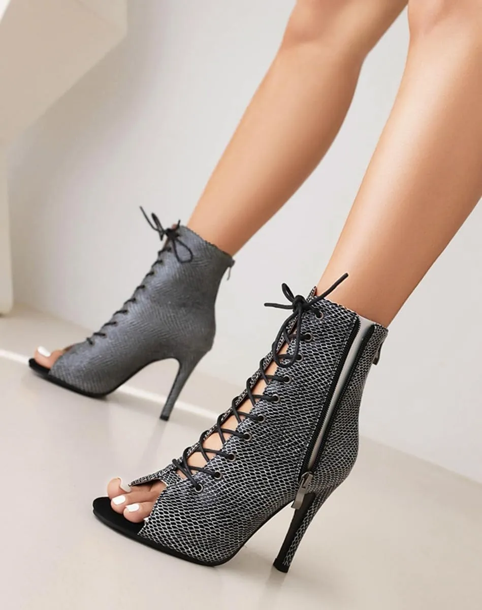 JXUZY Women's Cross Strap Lace-up Peep Toe Jazz Ballroom Pole Dance Ankle Boots
