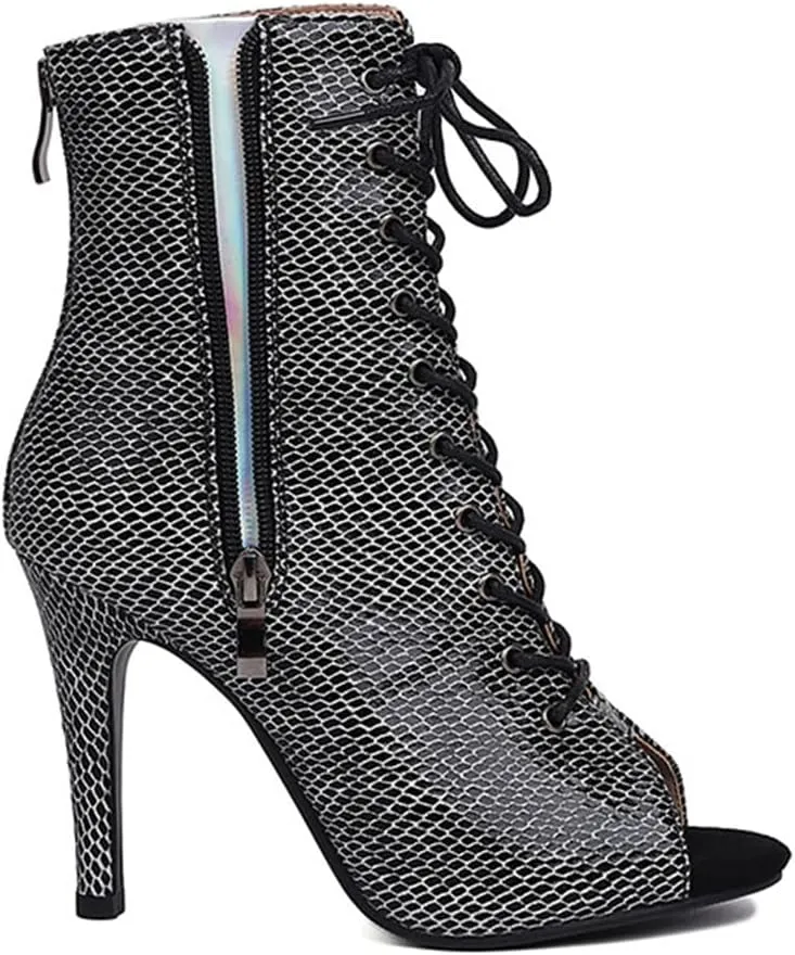 JXUZY Women's Cross Strap Lace-up Peep Toe Jazz Ballroom Pole Dance Ankle Boots