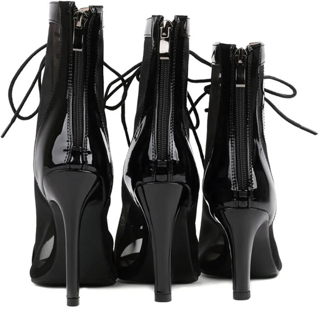 JXUZY Women's Sexy Mesh Jazz Modern Dance Shoes Lace-up Stiletto Heel Summer Ankle Booties