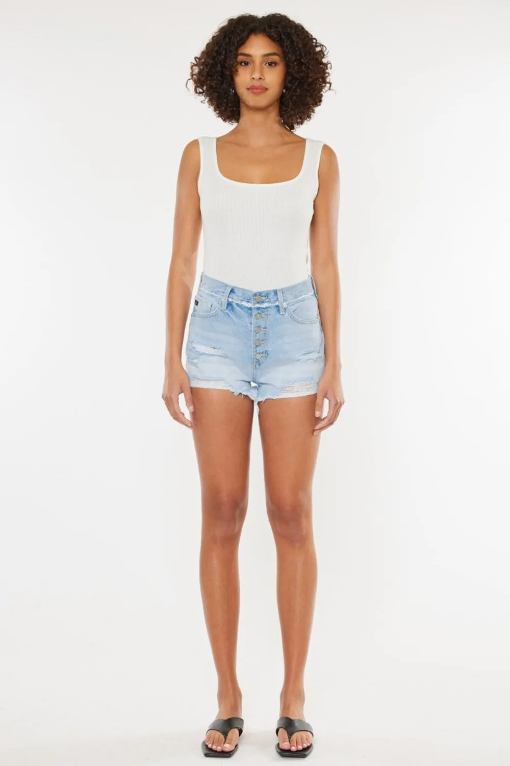 Kancan Distressed Button Fly Denim Shorts In Medium Wash