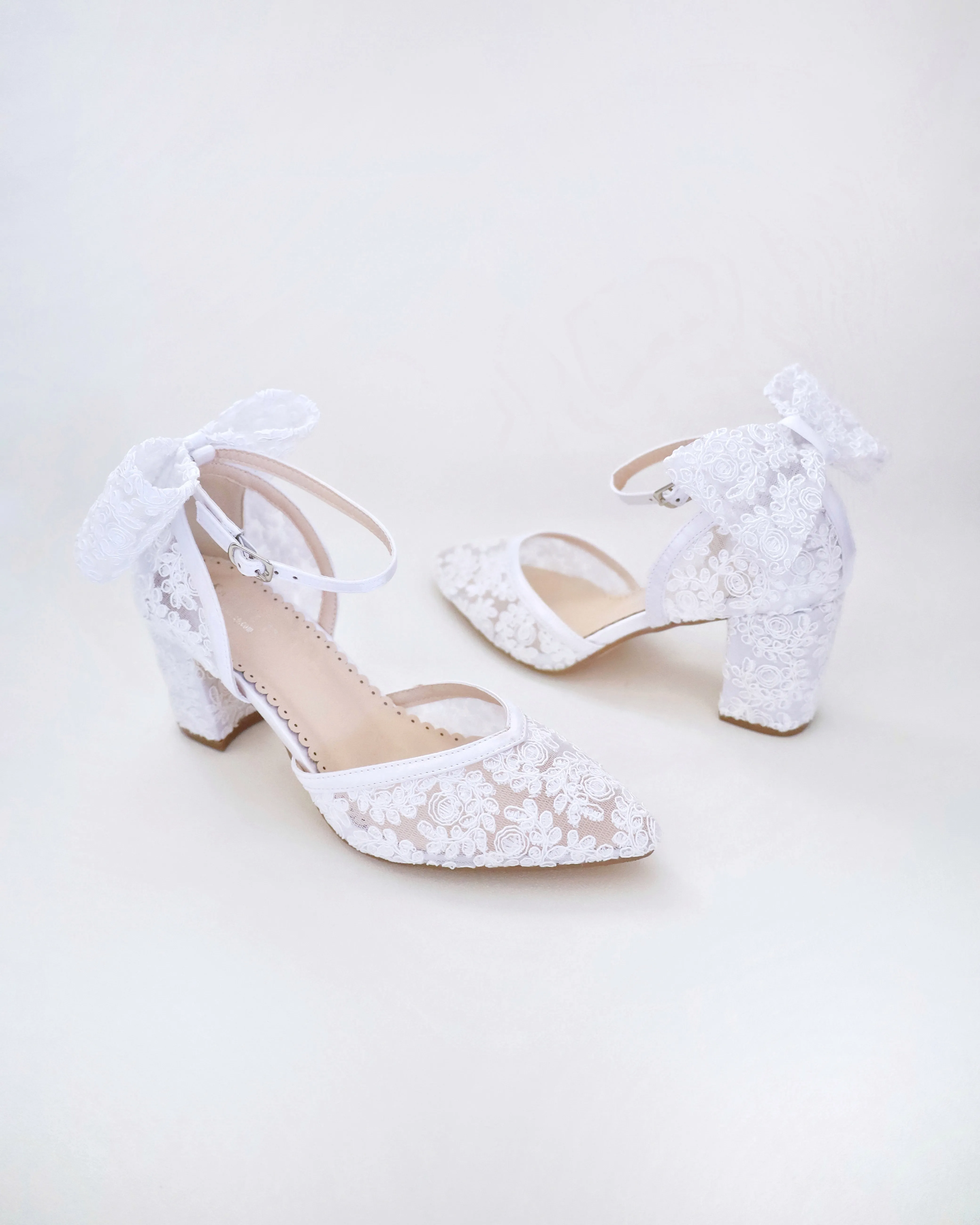 Lace Block Heel For Weddings with Back Crochet Bow