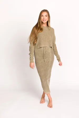 Lindsey Knit Sweater Top and Skirt Set in Olive