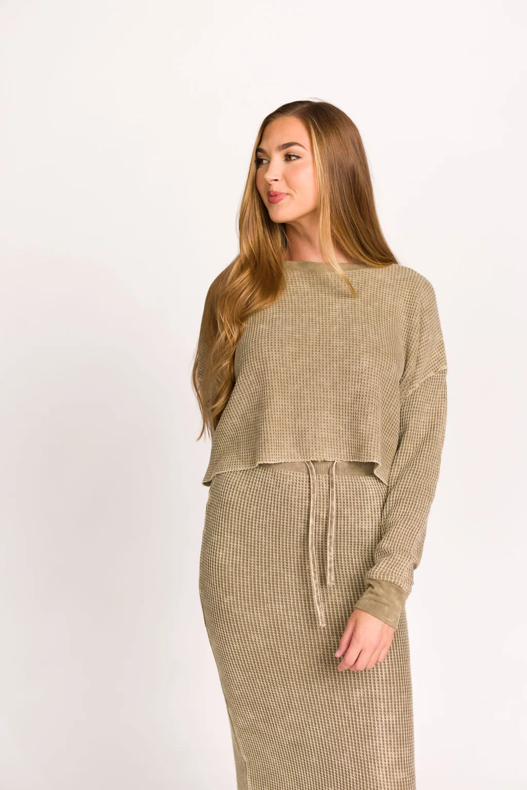 Lindsey Knit Sweater Top and Skirt Set in Olive