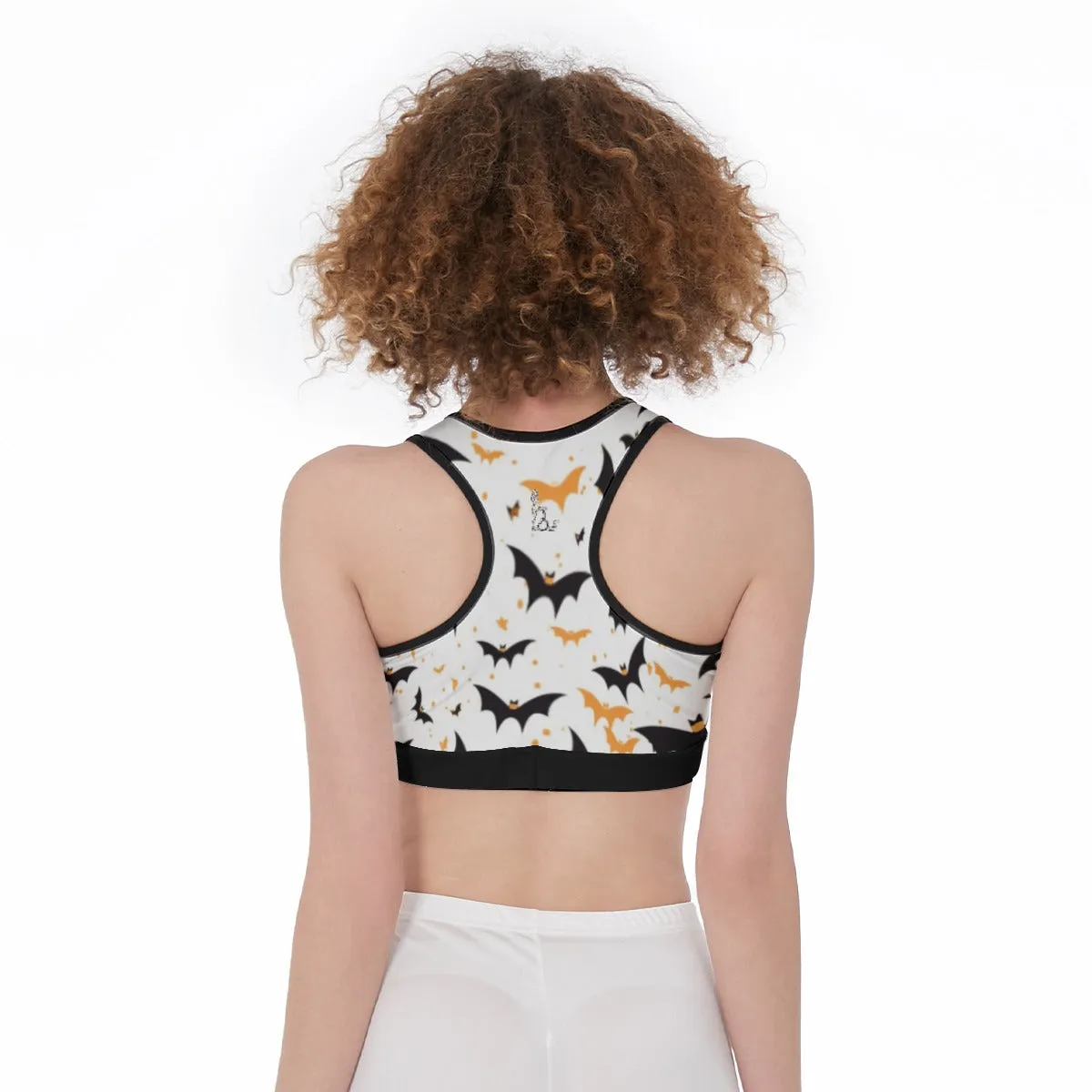 Officially Sexy Halloween Collection Black and Orange Bats Women's White Sports Bra #3 (English)