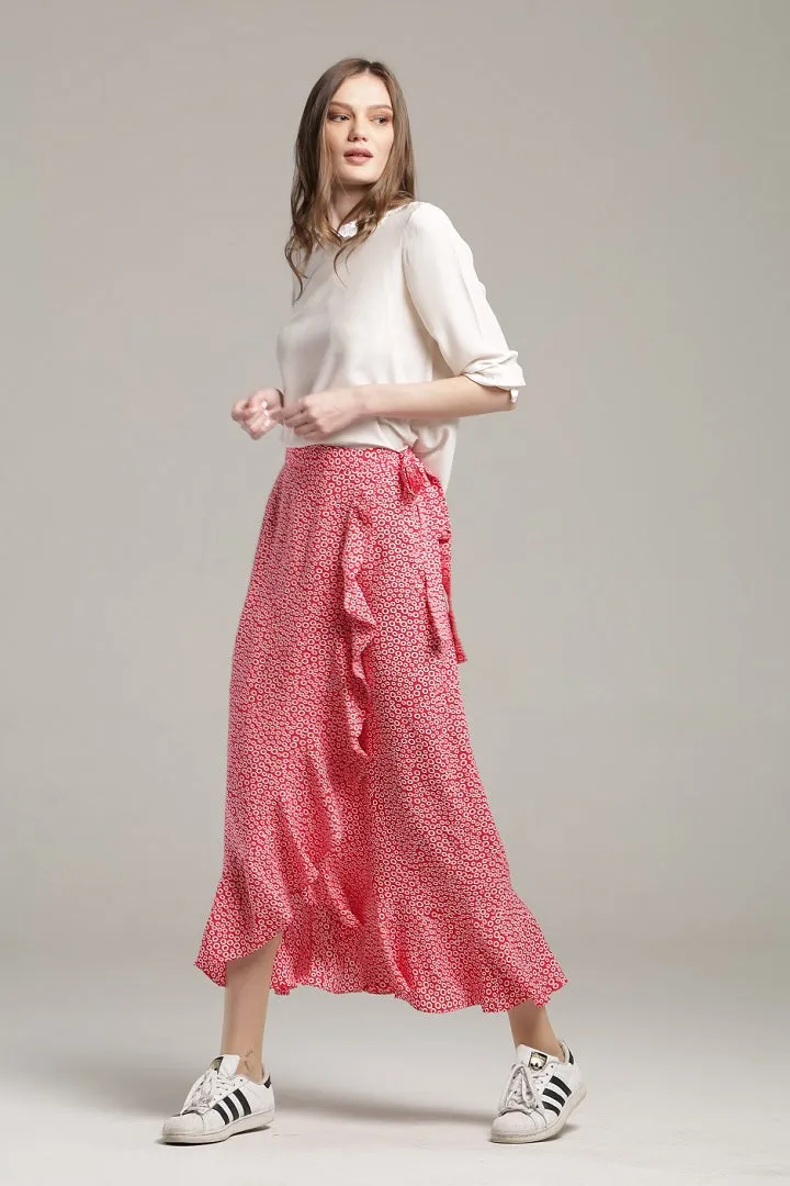 Ruffled floral-print wrap skirt in red