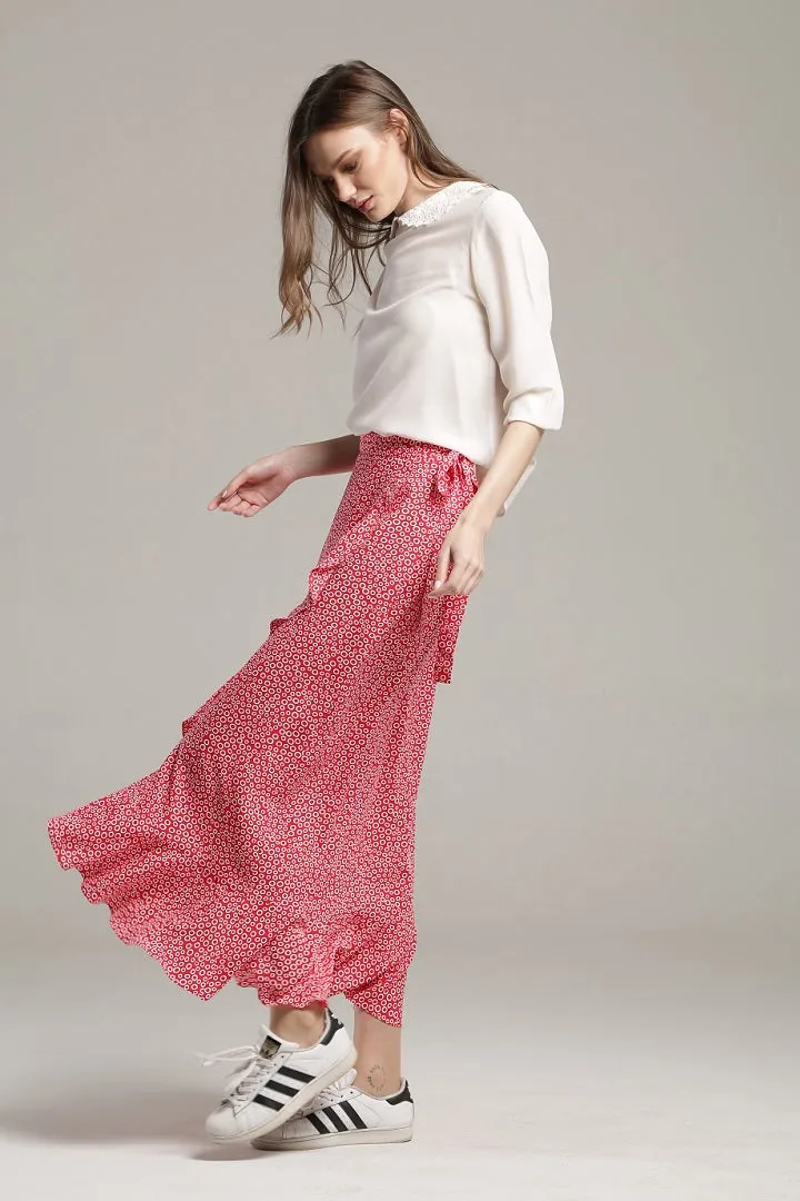 Ruffled floral-print wrap skirt in red