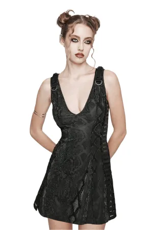 Sexy Sleeveless Black Mini Dress with Snake Print