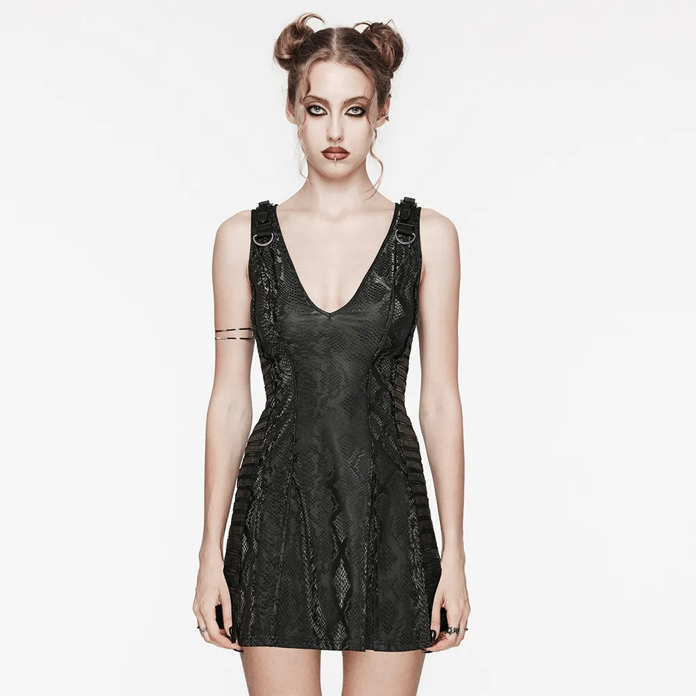 Sexy Sleeveless Black Mini Dress with Snake Print