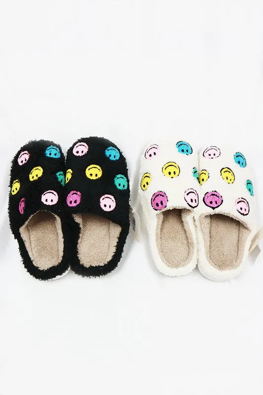 Smiley Face Fuzzy Fleece Soft Slipper - White or Black