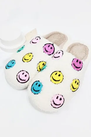 Smiley Face Fuzzy Fleece Soft Slipper - White or Black